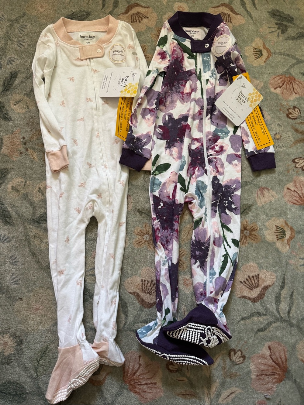 Burt's Bees Baby Pink & Purple Floral 12 month Footed Pajama Set